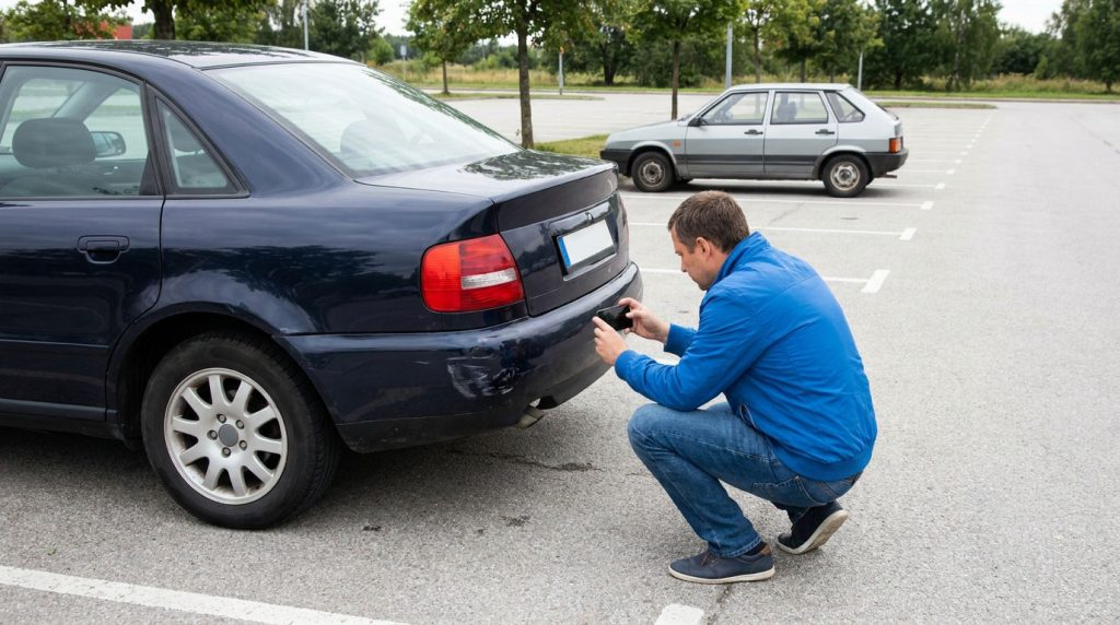 Driver photographing bumper damage after a car accident from a safe parking area.