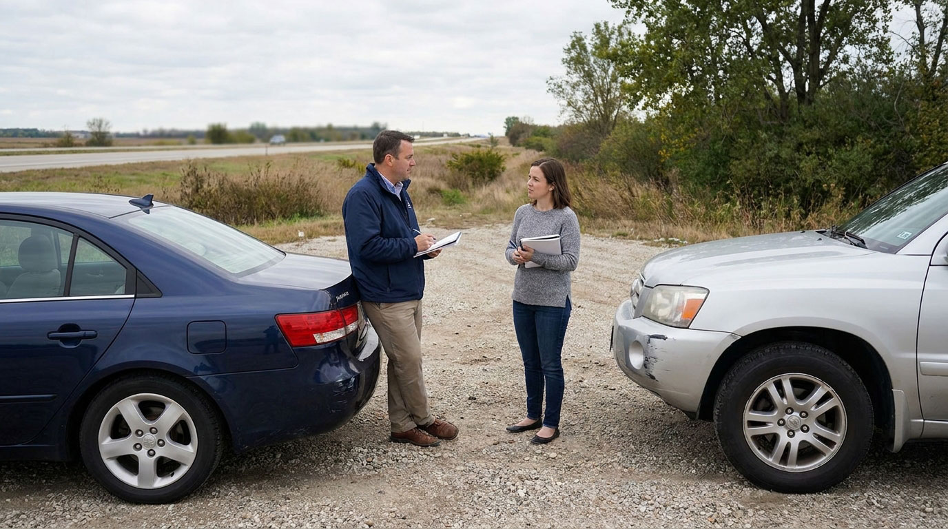 Two drivers exchanging insurance information beside damaged vehicles after a minor car accident.
