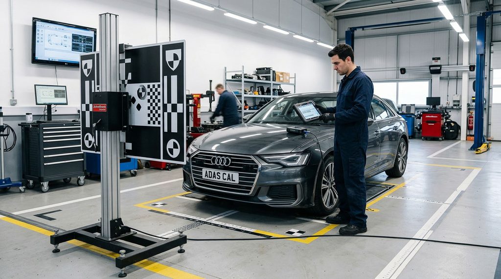Technician checking a vehicle's driver-assistance sensors in a calibration bay.