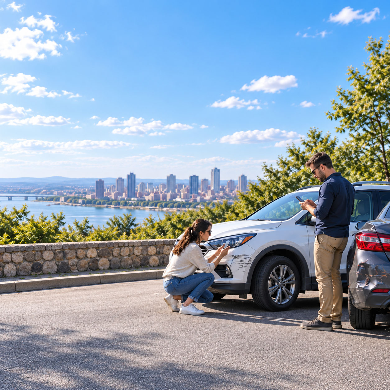 Man and woman documenting minor car damage after a collision between a silver SUV and a dark sedan, with the woman photographing the scrape on the SUV’s bumper and the man checking his phone, set against a scenic city skyline and river under a bright blue sky.