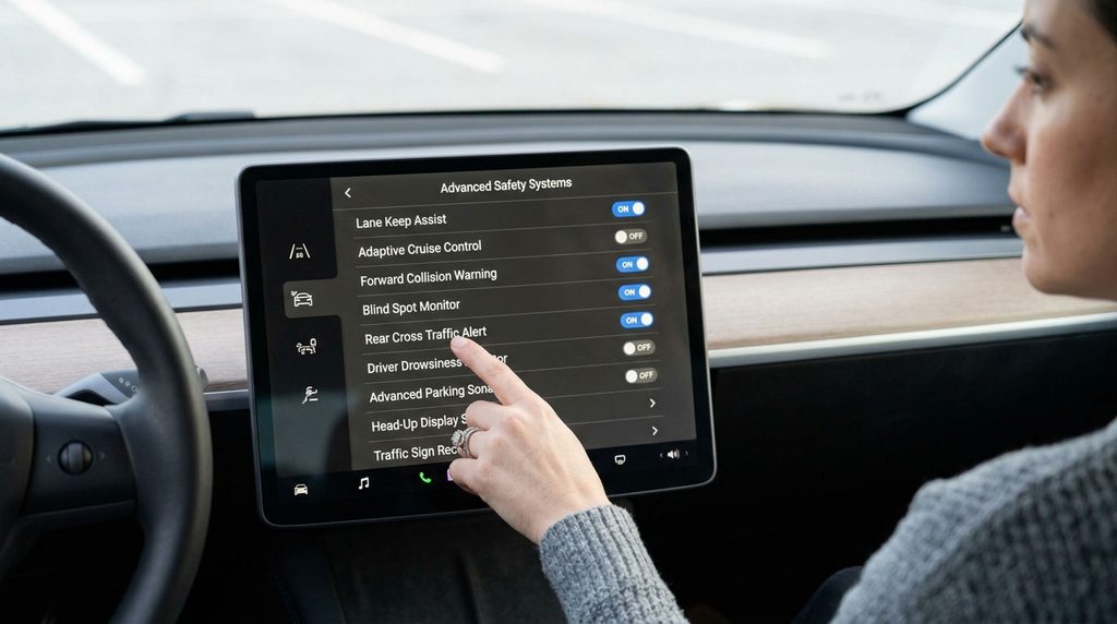 Driver reviewing an automatic emergency braking display in a parked car.