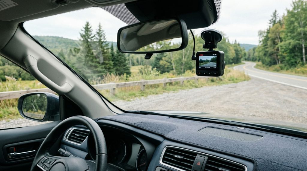 Windshield-mounted dashcam inside a parked car after a minor collision.
