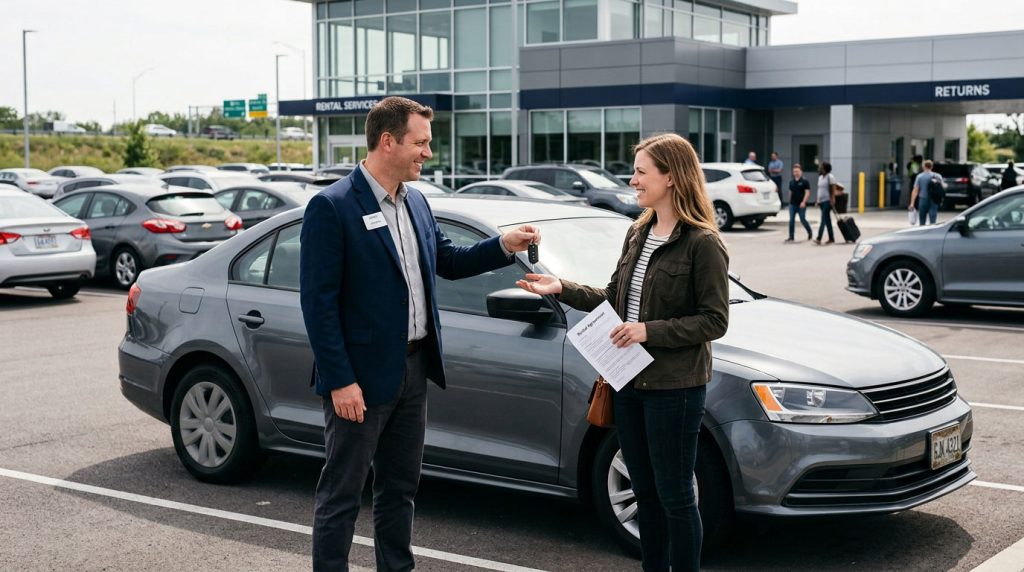 Driver receiving keys to a temporary rental car after an accident.