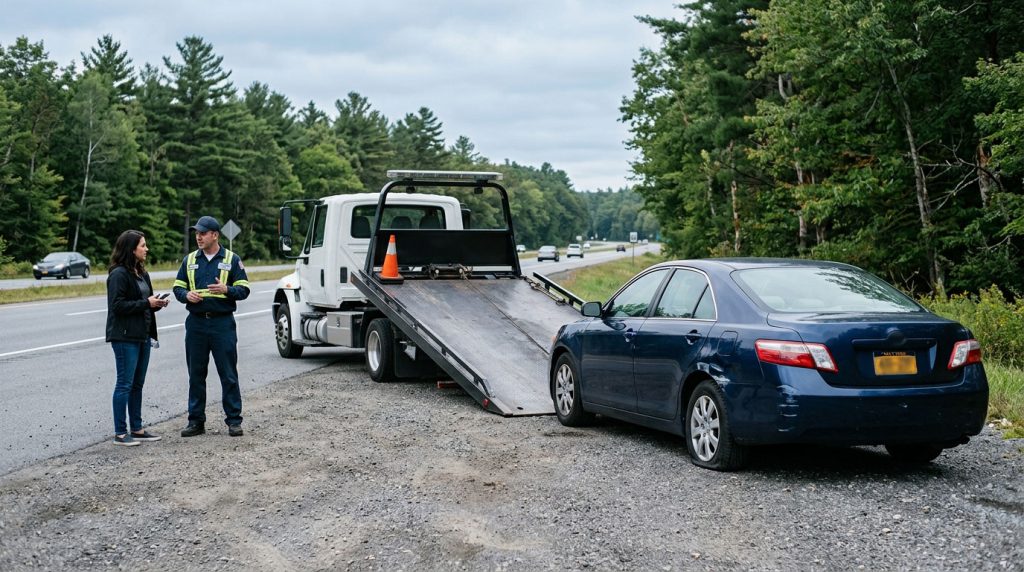 Tow operator speaking with a driver beside a damaged car and flatbed truck.