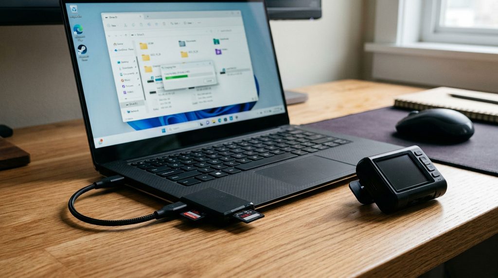 Dashcam memory card connected to a laptop for copying accident footage.