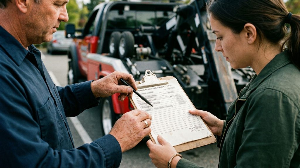 Driver reviewing an itemized towing estimate before authorizing a tow.