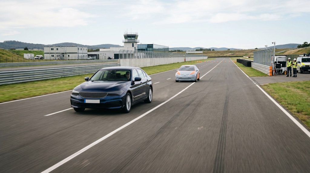 Car and soft vehicle target on an automatic emergency braking test track.